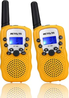 Two yellow walkie-talkies are shown side-by-side against a white background.