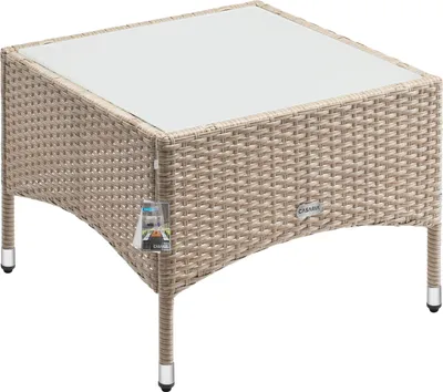 Produktbild von CASARIA® Polyrattan Beistelltisch 58x 58x 42 cm Höhenverstellbare Füße 5mm Sicherheitsglas Wetterfest Gartentisch Balkontisch Kaffeetisch Outdoor Creme