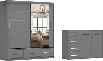 Obrázek produktu pro sada 2 skříní s posuvnými dveřmi Šatní skříň FLORENCE 200 cm se zrcadlem 150 cm s komodou 135 cm FRIDA 01 4S1D Šedá/šedá