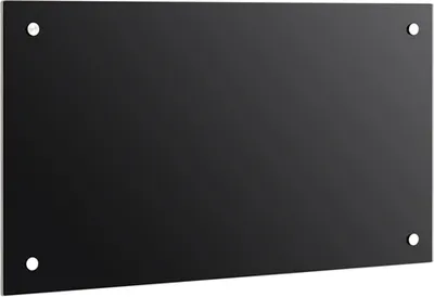 A black glass backsplash panel with four visible mounting points.