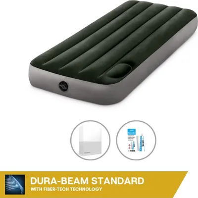 Produktbild von Intex Luftbett - 1 Person - 76 x 191 x 25 cm - Grün - Mit eingebauter Fußpumpe + Spannbettlaken Weiß + Reperaturset