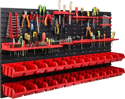 Obrázok produktu pre Skladovací systém dielenský regál | 156 x 78 cm | 26 ks. Box | Nástenný regál s držiakmi na náradie a stohovateľnými boxmi - Nástenné dosky Extra silný regál s otvormi na náradie Skladový regál Garážový regál