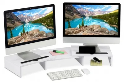 Produktbild von Relaxdays Monitorständer, 2 Monitore, ausziehbare Segmente, Breite 74-105 cm, ergonomische Bildschirmerhöhung, weiß