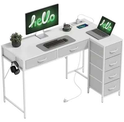 Produktbild von Wendbarer Eckschreibtisch mit 6 Schubladen, 126 x 48 cm, mit Steckdose, USB- und USB-C-Ladeanschlš¹ssen, wei?
