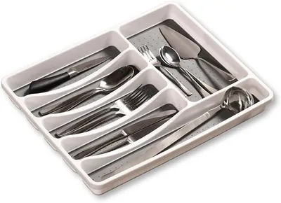 Produktbild von PolkaHome® Besteckkasten für Schublade – 6 Fächer, Kunststoff (PP), B 33,5 x T 41 x H 4,5 cm, Weiß/Grau