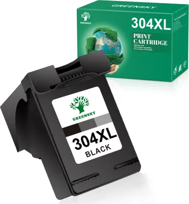 A black ink cartridge and its green packaging are shown against a white background.