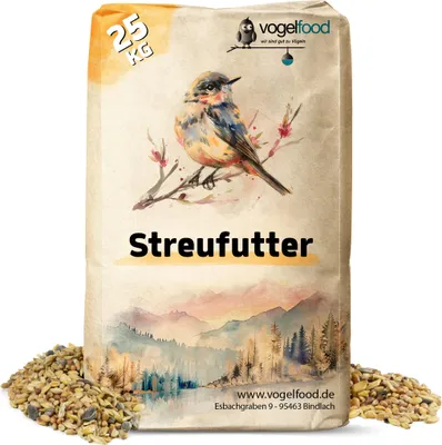 A bag of birdseed with a watercolor illustration of a bird and a mountain landscape.