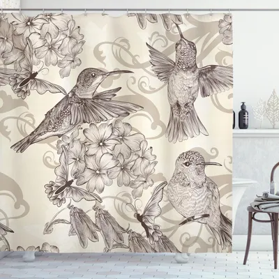 Produktbild von ABAKUHAUS Kolibri Duschvorhang, Vögel und Blumen monochrome klassische Design Nostalgie verzieren festlich, 175 x 180 cm, Creme Beige Braun