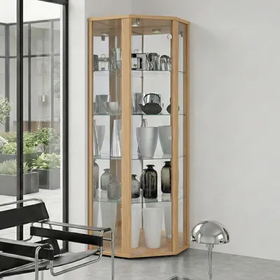 Produktbild von K-Mšbel Eckvitrine in Buche (176x56,5x56,5 cm) mit 4 Glasbšden, Schloss, Spiegel & LED - Modellauto Vitrine Buche - Vitrinenschrank- Sammlervitrine - Wohnzimmerschrank Glasvitrine Regal Wand