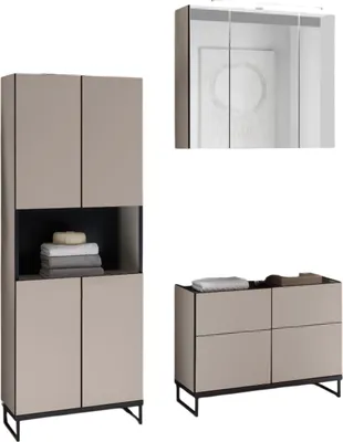 Produktbild von Badezimmer Badmöbel Set 2 VENEZIA kaschmir Hochschrank breit Spiegelschrank Wbu 80 cm