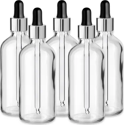 Produktbild von x5 Glasflasche klar 100 ml mit silberner Aluminiumpipette leer 18/415