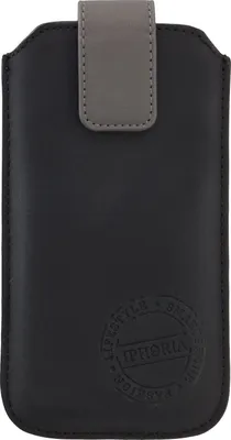 A black phone case with a gray flap closure.