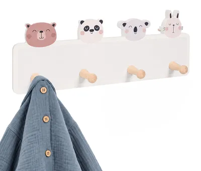 Productafbeelding van Relaxdays kinderkledingrek, 4 haken, design A, voor wandmontage, MDF, hout, geschikt voor kinderkamer of hal, garderobestang, grijs/roze