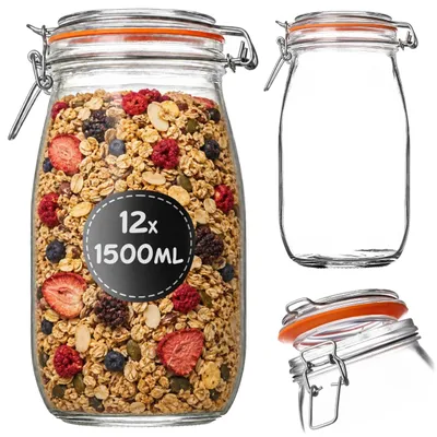 Produktbild von KADAX Einmachgläser 1,5L mit Bügelverschluss, 12er Set, Bügelgläser mit Gummidichtung und Glasdeckel, Gurkengläser, Vorratsgläser aus Glas, Fermentiergläser