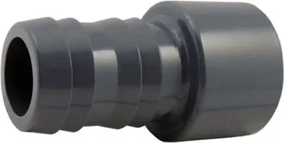 A close-up studio shot of a gray PVC hose adapter with a ribbed end and a smooth, wider end.