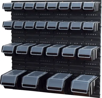 Produktbild von Stapelboxen Set 4 x Wandregal Lagersystem + 26 Boxen schwarz