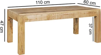 A rectangular wooden coffee table with dimensions indicated by measurement lines and text.