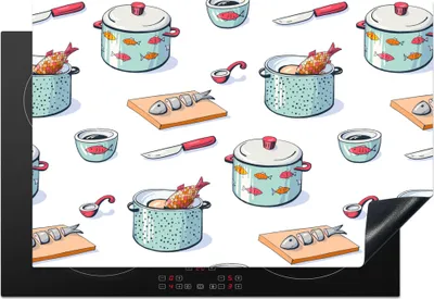 Produktbild von KitchenYeah© Herdabdeckplatte Muster - Kochen - Fisch - Pfanne , 77x51cm, Küche Deko, Glaskeramikkochfeld Herdabdeckung, Abdeckplatte fùr Kochfeld