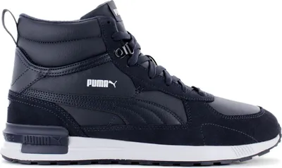 A single navy blue Puma Graviton Mid men's winter shoe is shown against a white background.
