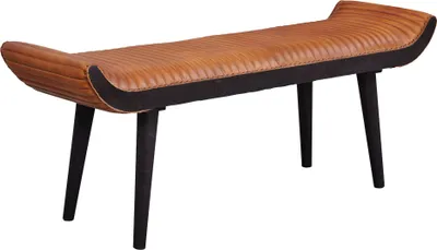 Sitzbank Echtleder Massivholz Braun mit cognacfarbener Lederoberfläche, geschwungenen Armlehnen und schwarzen Beinen in Gesamtansicht.