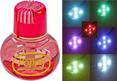 Produktbild von Original Poppy Lufterfrischer mit LED-Beleuchtung, 5 Volt USB-Stecker, 5 LEDs 7 Farben Farbwechsel, Duft Erdbeere Inhalt 150 ml, für LKW, PKW, Boot, Wohnmobil