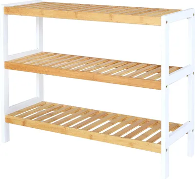 Produktbild von dibea Schuhregal Bambus, robust & nachhaltig, platzsparend & pflegeleicht für Flur & Bad, 3 Ablageflächen, 70x26x55 cm, natur/weiß