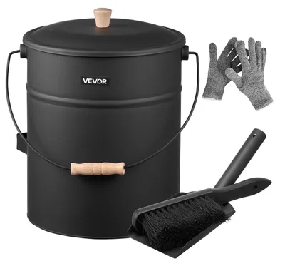 Immagine prodotto di Secchio per cenere VEVOR con coperchio, set di 4 pezzi, incl. pala per carbone, scopa e guanti, secchio per carbone per caminetto e contenitore per cenere in metallo, capacità 15 litri per caminetti, focolari, stufe a legna