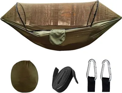 Produktbild von Reise-Portable Camping-Außenhammock mit Moskitonetz - 200 kg Tragfähigkeit - atmungsaktives schnelles Trocknendes Nylon - enthält Aufhängestangen und Karabiner (Armee Grün)
