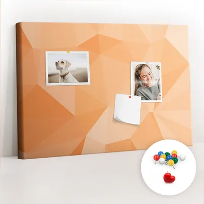 Obrázek produktu pro Korková nástěnka s kolíčky - Tabule s kolíky pro fotografie a poznámky - 60x40 cm - Připínáčky barevné 100 kusů - Abstraktní trojúhelníky