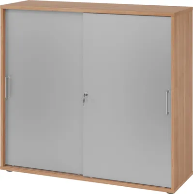 Produktbild von bümö Schiebetürenschrank office - 3 Ordnerhöhen - Nachbildung: Nussbaum/Silber, Griff: Bügelgriff (Metall)