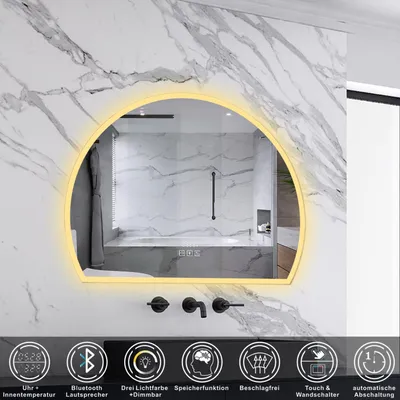 Produktbild von LED Badspiegel 80x60cm Halbrund Badspiegel mit Bluetooth Uhr Anti-Beschlag 3 Lichfarbe Dimmbar Badezimmerspiegel Lichtspiegel IP44