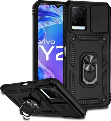 A black protective phone case with a ring holder and a sliding camera cover is displayed alongside a VIVO Y21/Y33S smartphone.