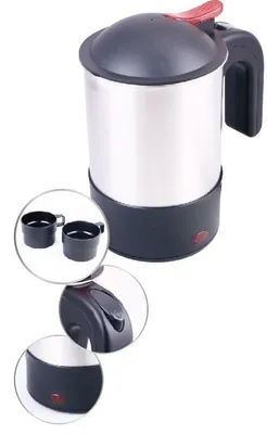 A 24-volt electric kettle and two small cups are displayed against a white background.