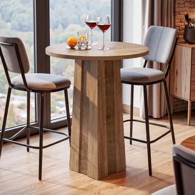 Produktbild von Tribesigns Runder Bartisch, 80 cm Thekenhöhe, Kneipentisch mit geriffeltem Boden, brauner Bistrotisch für Küche, Esszimmer, kleine Räume