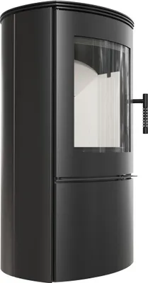 A black steel wood-burning stove with a glass door.