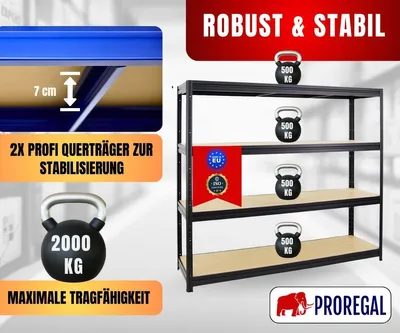 Produktbild von Schwerlastregal DINO | HxBxT 180x200x60cm | 4 MDF-Platten-Ebenen 6,5 mm | Fachlast 500kg | Schwarz
