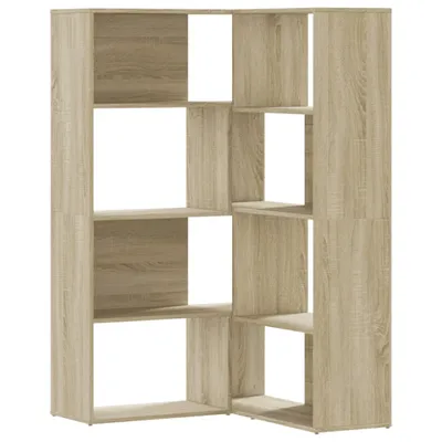 A corner bookshelf with multiple compartments.