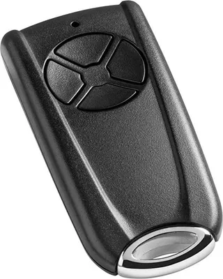 A black remote control with four buttons and a silver loop at the bottom, isolated on a white background.