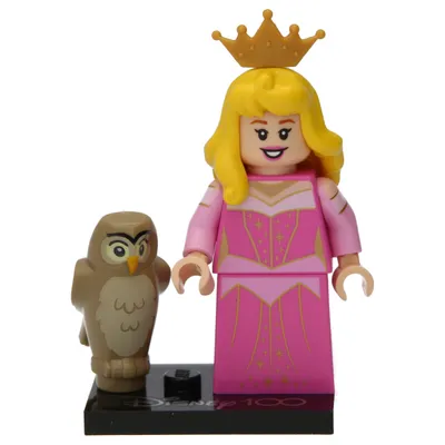 A LEGO minifigure of Princess Aurora with an owl, standing on a black display base.