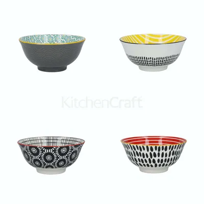 Produktbild von KitchenCraft Set de 4 Schalen de Cerealien de Keramik in Box de Geschenk, Schalen für Eis, Suppe und andere, Design "Monochrome" 15 cm, 240ml