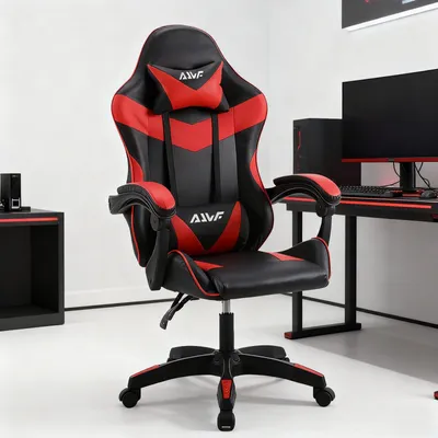 Produktbild von Bürostuhl – Ergonomischer Gaming-Stuhl mit hoher Rückenlehne und Lendenwirbelstütze – Rot