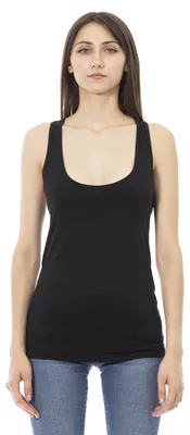 Produktbild von Langes Tanktop für Damen, Marke Just Cavalli, Rundhalsausschnitt, mit Logo-Applikation und Strass-Verzierungen, Farbe: Weiß