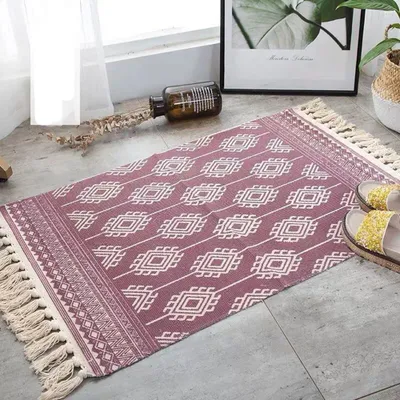 Zdjęcie produktu dla Woven Bawełna Boho Rug with Fringes 60 x 90 cm