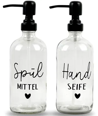 Image de Distributeur de savon en verre, 500 ml – Distributeur à pompe noir, distributeur de liquide vaisselle pour la cuisine. Distributeur de savon pour les mains pour la salle de bains (transparent, liquide vaisselle + savon pour les mains avec distributeur en métal).