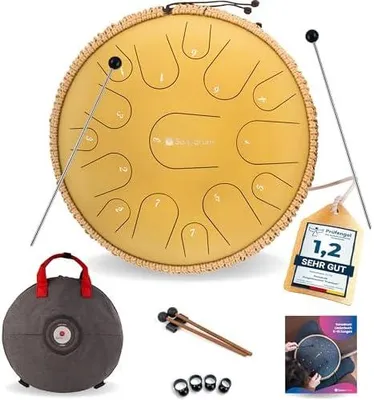 Produktbild von Zungentrommel "Premium" C - Dur in Gold - 35 cm groß mit 15 Tönen - Steel Tongue Drum inkl. Liederbuch, Schlägel, Fingersticks und Tragetasche - Notenlesen nicht nötig, einfach zu spielen.