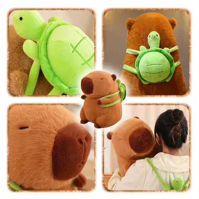 A collage of images showing a capybara plush toy, some with a small turtle plush attached.