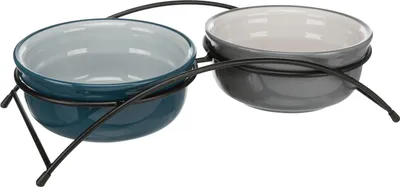 Produktbild von TRIXIE Napf-Set, Keramik/Metall - petrol/hellpetrol/grau/hellgrau - 2 × 0,6 l/ø 15 cm/32 × 9 × 16 cm