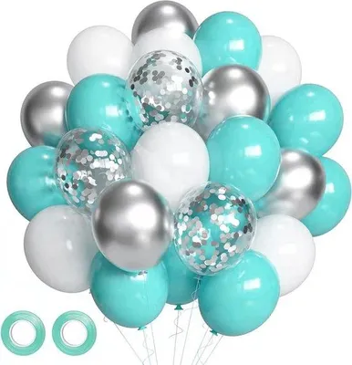 Image de Ballons en latex 30 cm argent métallisé, turquoise et blanc, 50 pièces, pour un anniversaire ou un mariage