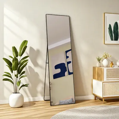 Produktbild von Standspiegel 140×40 cm,Ganzkörperspiegel Schwarz mit Aluminiumrahmen, Wand- oder Standspiegel für Flur, Schlafzimmer, Wohnzimmer, Bad oder Büro
