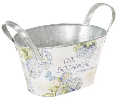 Produktbild von Ovale Blumenschale aus Metall mit Griffen und Hortensien-Dekor